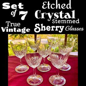 ▪️VTG▪️Set of 7 Etched Crystal Stemmed Sherry Cordial Glasses
